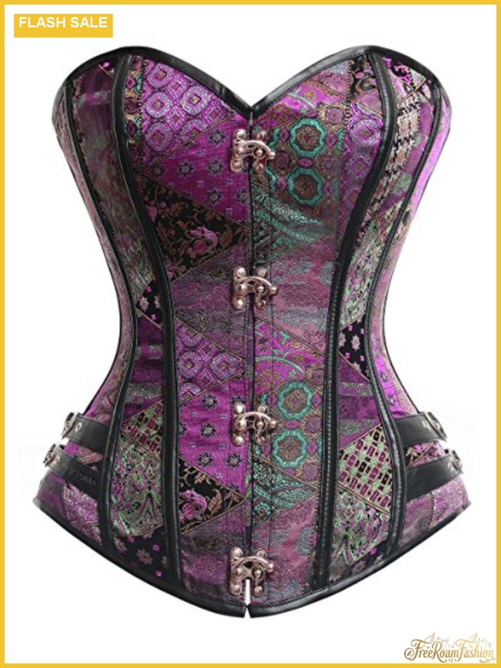 Steampunk Gothic Brocade Bustier Corset Top Faux Leather Buckle Overbust